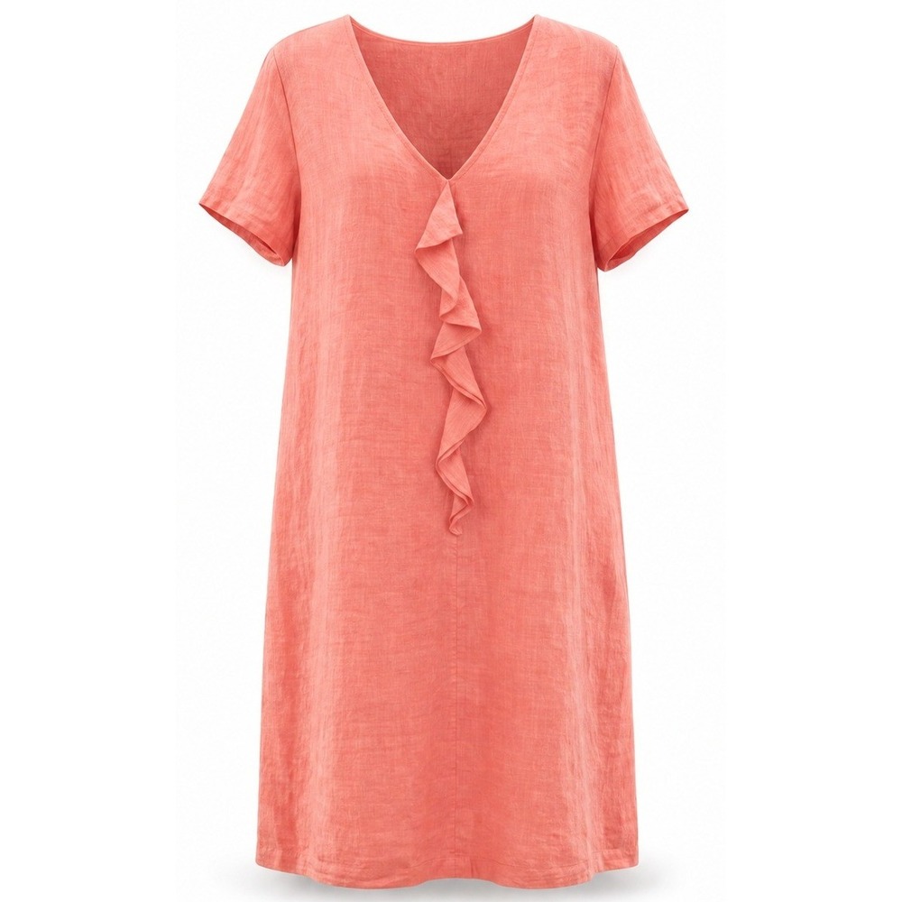 Women's Hot Cotton XL Coral 100% Linen Ruffle V-Neck Shift Dress Coastal Resort